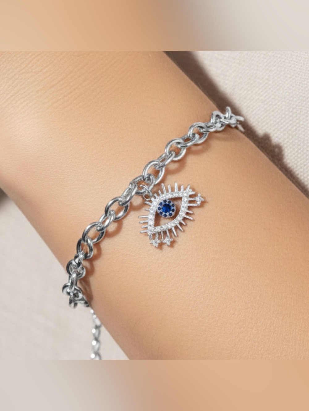 Gold Dipped CZ Stone Paved Evil Eye Charm Chain Link Magnetic Bracelet